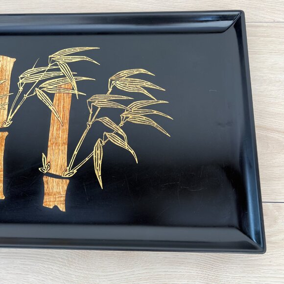 Vintage Couroc Monterey MCM Inlaid Brass Teak Wood Bamboo Rectangle Serving Tray - Picture 4 of 16